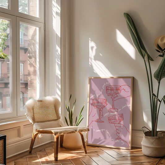 'Champagne Supernova' Art Print – Oasis Inspired Line Art Wall Decor in Pink & Red