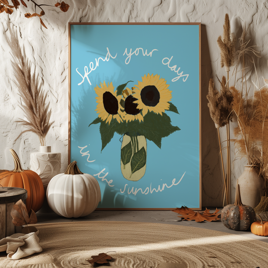 'Spend Your Days In The Sunshine' Art Print – Oasis Inspired Sunflower Wall Decor in Sky Blue & Yellow