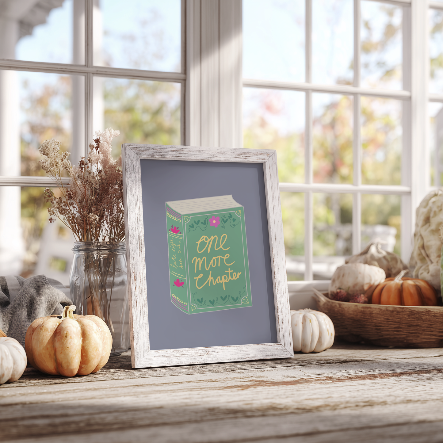 'One More Chapter' Art Print – Illustrated Book Lover Wall Decor in Sage Green & Lavender