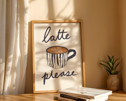 'Latte Please' Art Print – Illustrated Coffee Kitchen Wall Decor in Charcoal & Warm Cream