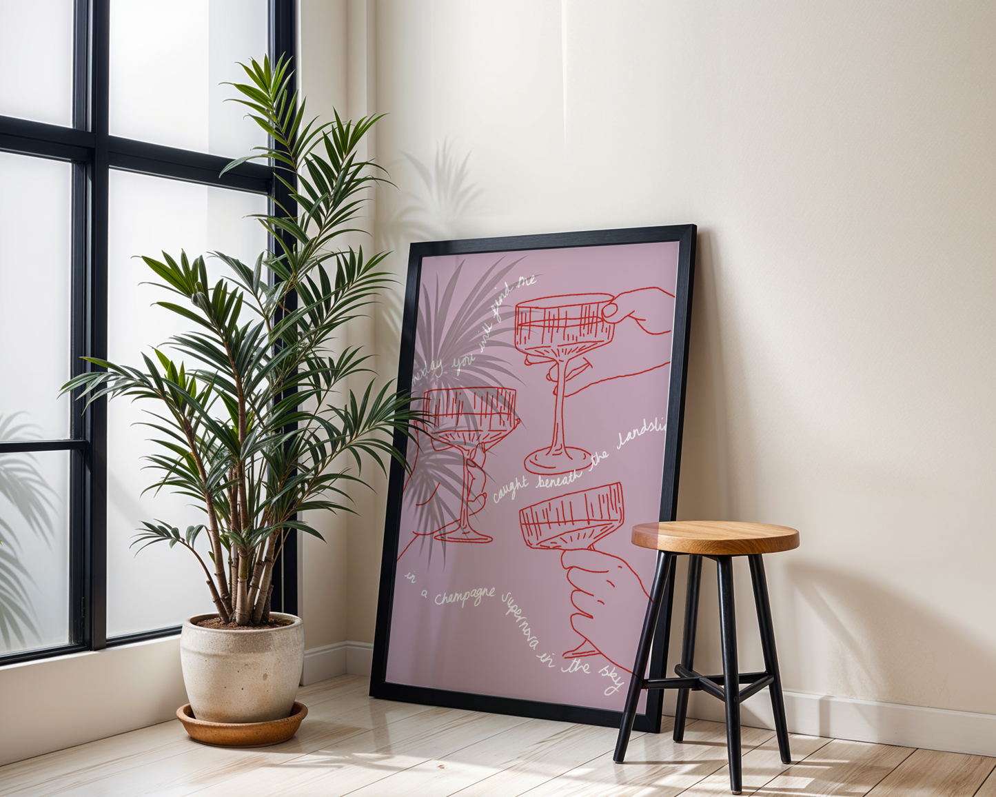 'Champagne Supernova' Art Print – Oasis Inspired Line Art Wall Decor in Pink & Red