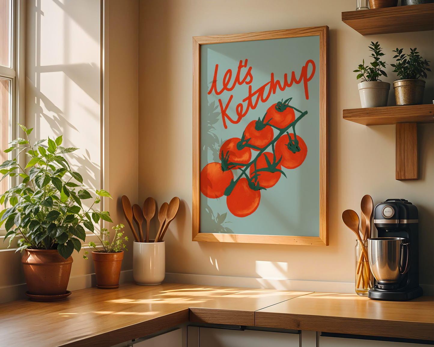 'Let's Ketchup' Art Print – Illustrated Kitchen Wall Decor in Sage Green & Tomato Red