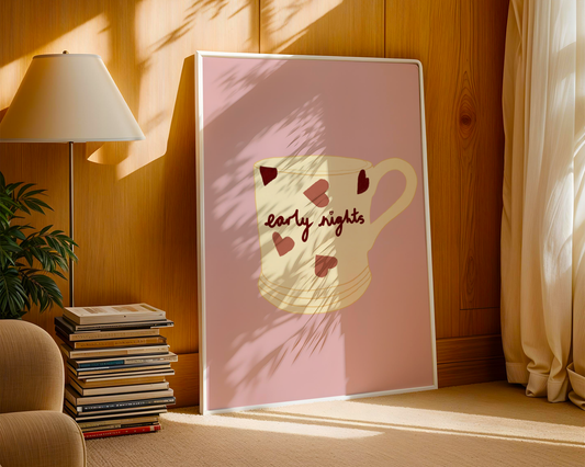 'Early Nights' Art Print Cosy Mug Wall Art | Blush Pink Heart Print | Cute Bedroom Decor | Whimsical Illustration Poster