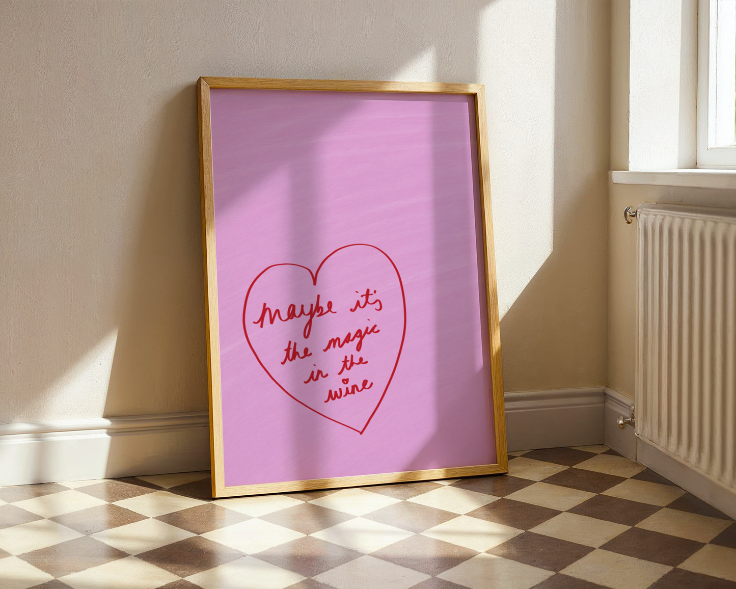 'Magic in the Wine' Heart Art Print – Playful Pink & Red Typography Poster for Kitchen or Dining