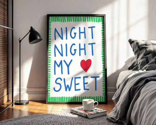'Night Night My Sweet' Typography Art Print – Bold Nursery Wall Decor in Blue, Green & Red