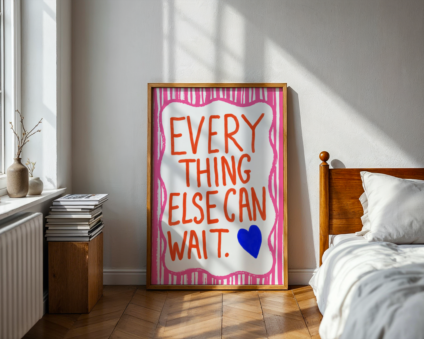'Everything Else Can Wait' Typography Art Print – Bold Maximalist Wall Decor in Hot Pink, Orange & Cobalt