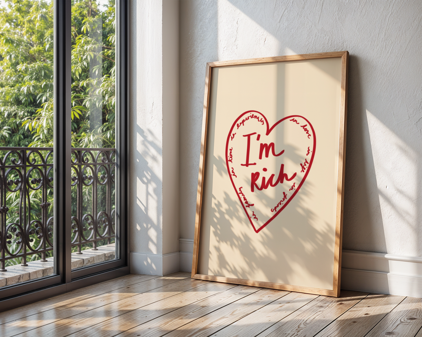 'I'm Rich' Heart Typography Art Print – Meaningful Minimalist Wall Decor in Red & Cream