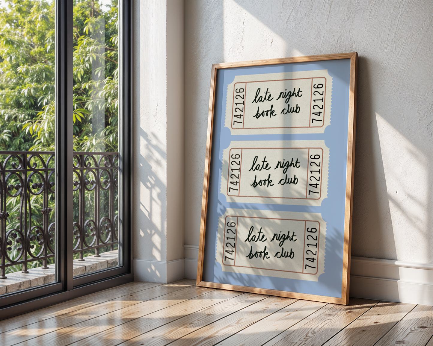 'Late Night Book Club' Ticket Print: Retro Blue Literary Wall Art