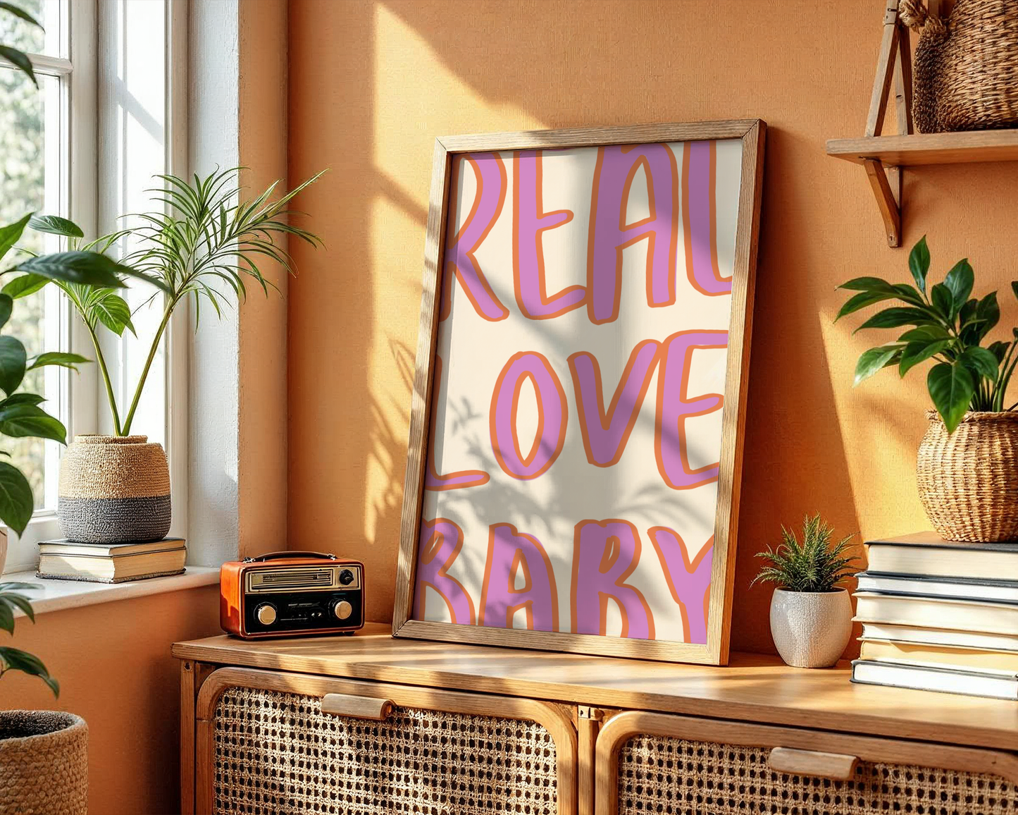 'Real Love Baby' Typography Art Print – Retro Bubble Letter Wall Decor in Lilac & Tangerine