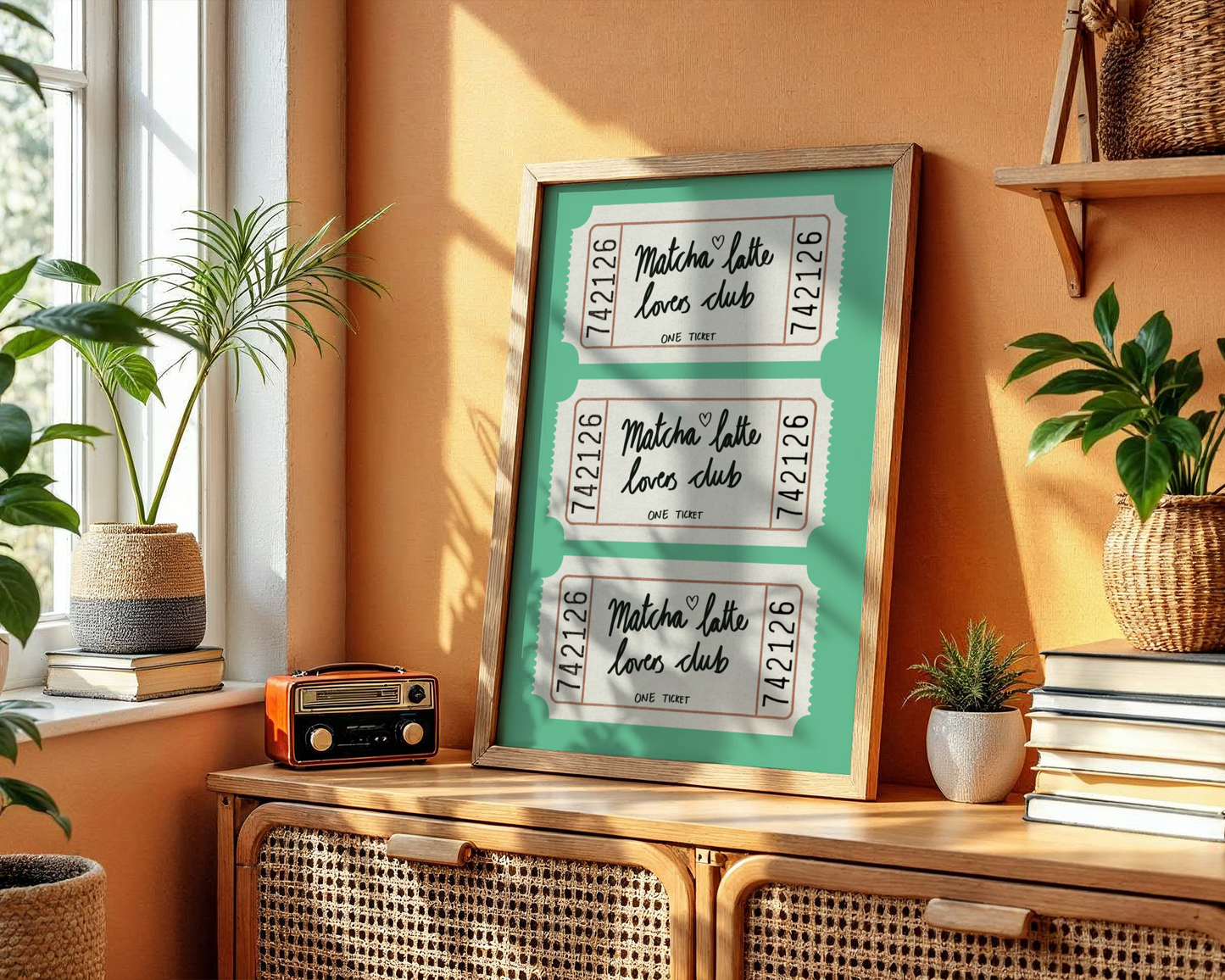 'Matcha Latte Lovers Club' Ticket Art Print – Illustrated Kitchen Wall Decor in Jade Green & Cream