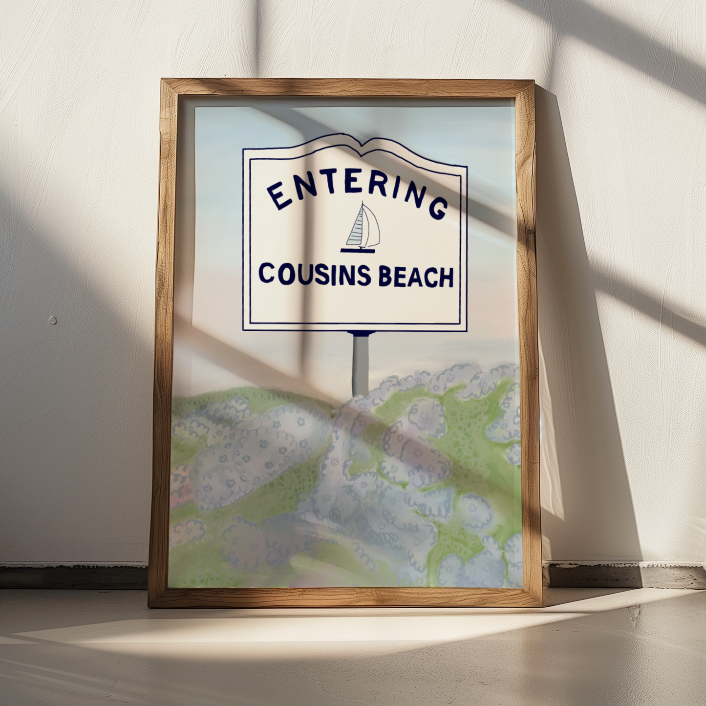 'Entering Cousins Beach' Art Print – Illustrated Coastal Wall Decor in Navy & Soft Watercolour