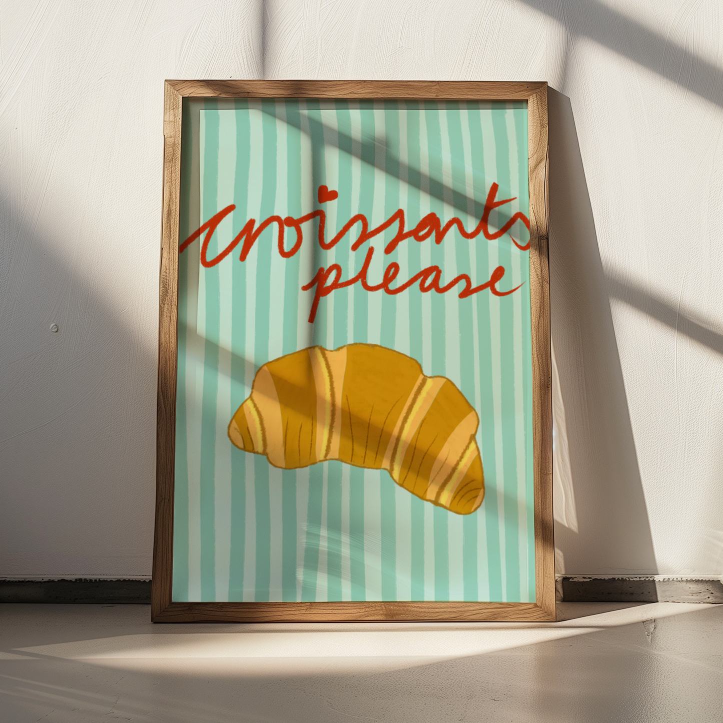 'Croissants Please' Art Print – Illustrated Kitchen Wall Decor in Mint Green & Golden Amber
