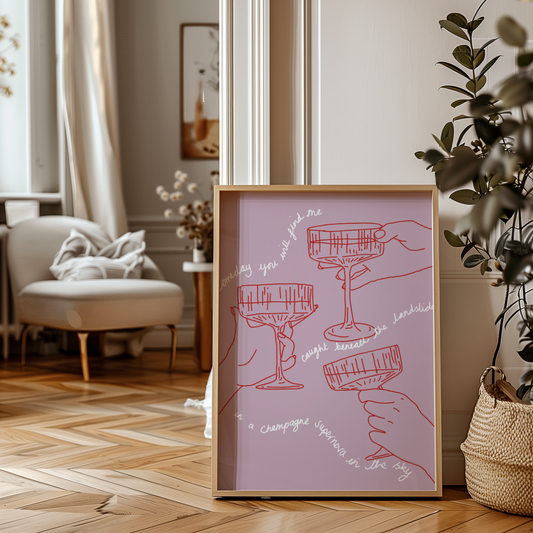 'Champagne Supernova' Art Print – Oasis Inspired Line Art Wall Decor in Pink & Red