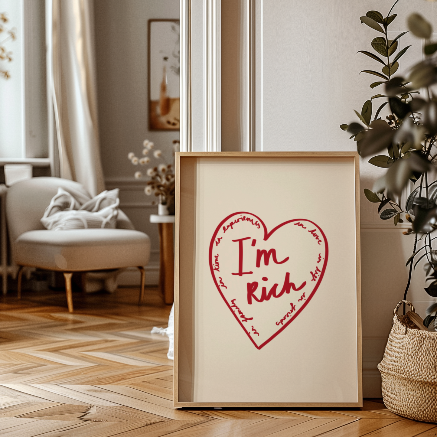 'I'm Rich' Heart Typography Art Print – Meaningful Minimalist Wall Decor in Red & Cream