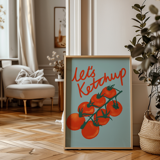 'Let's Ketchup' Art Print – Illustrated Kitchen Wall Decor in Sage Green & Tomato Red