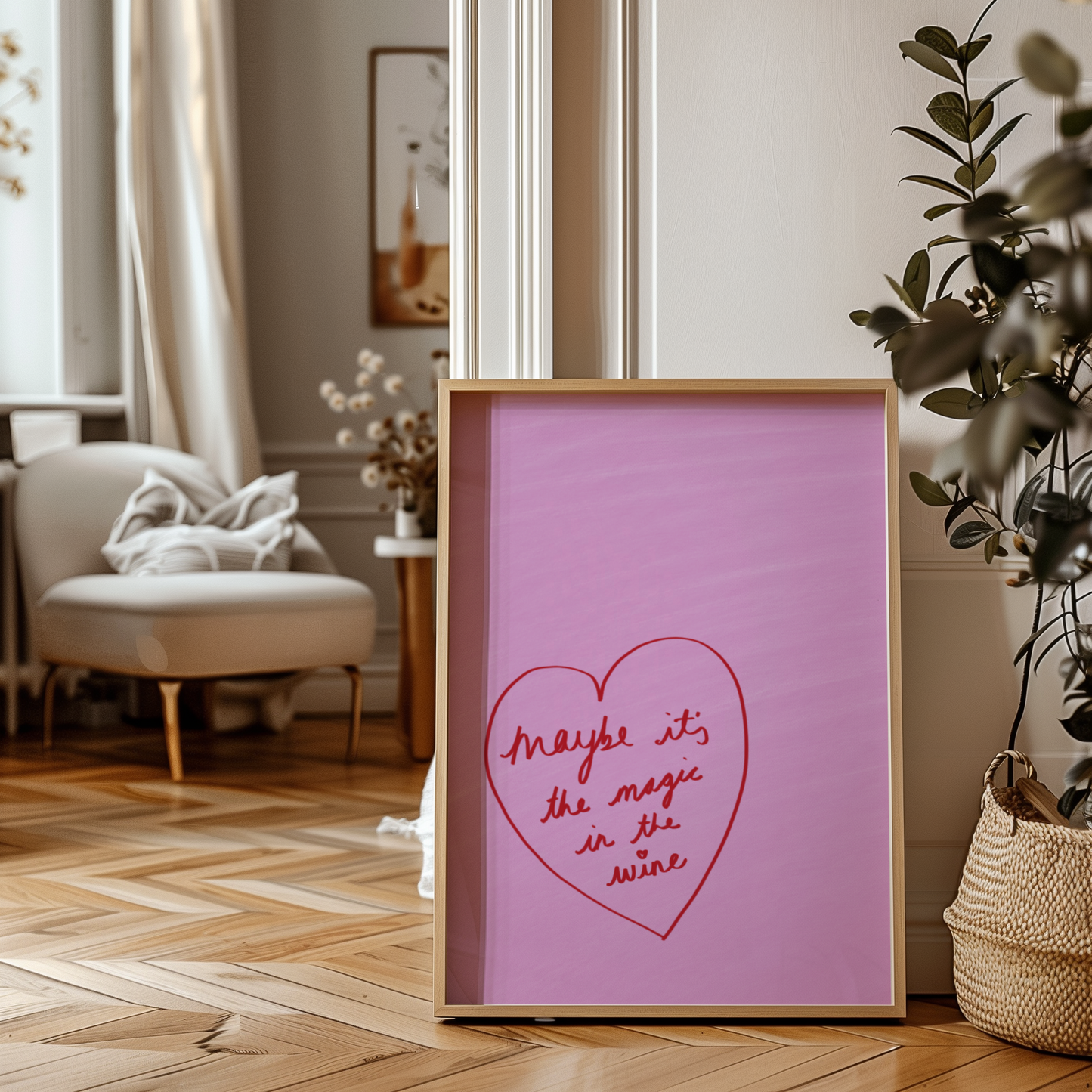 'Magic in the Wine' Heart Art Print – Playful Pink & Red Typography Poster for Kitchen or Dining