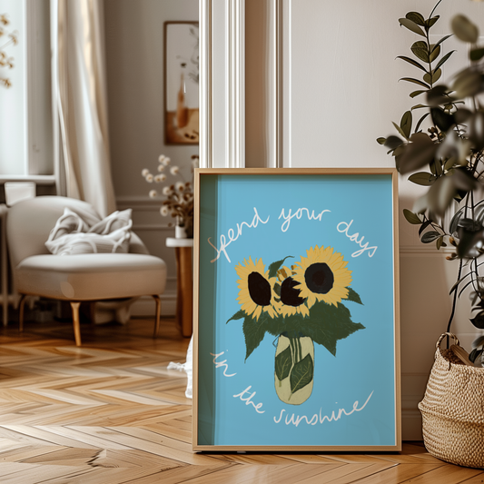 'Spend Your Days In The Sunshine' Art Print – Oasis Inspired Sunflower Wall Decor in Sky Blue & Yellow