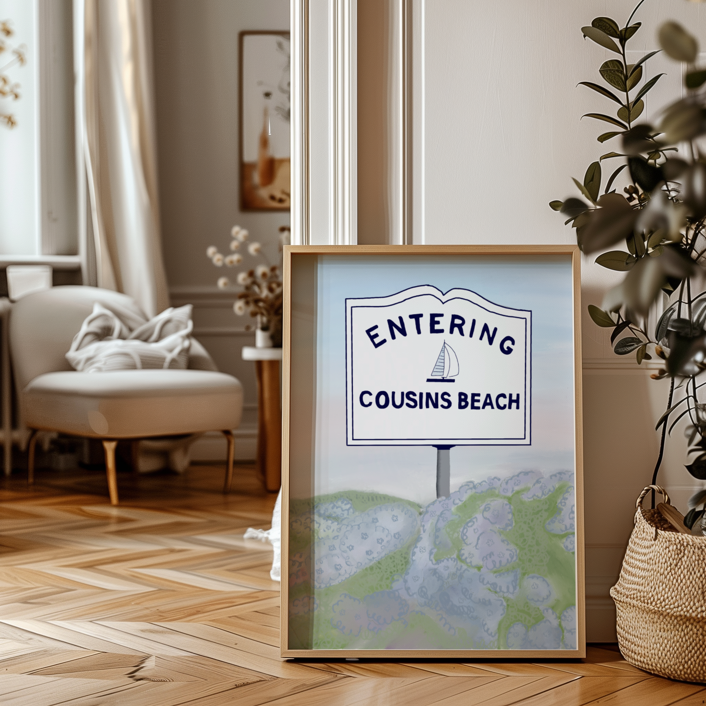 'Entering Cousins Beach' Art Print – Illustrated Coastal Wall Decor in Navy & Soft Watercolour