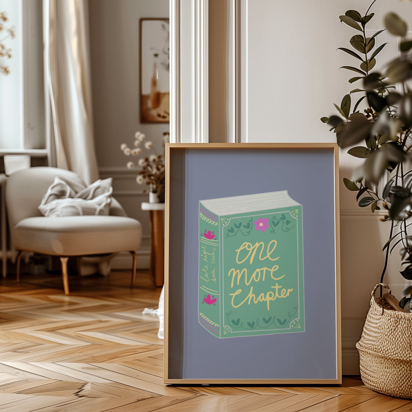 'One More Chapter' Art Print – Illustrated Book Lover Wall Decor in Sage Green & Lavender