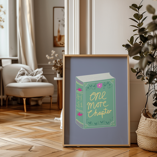 'One More Chapter' Art Print – Illustrated Book Lover Wall Decor in Sage Green & Lavender