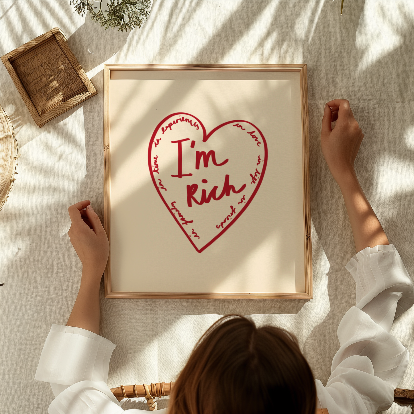 'I'm Rich' Heart Typography Art Print – Meaningful Minimalist Wall Decor in Red & Cream