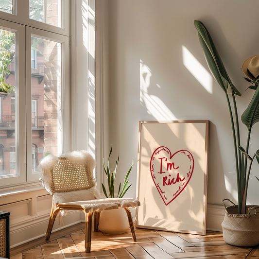 'I'm Rich' Heart Typography Art Print – Meaningful Minimalist Wall Decor in Red & Cream