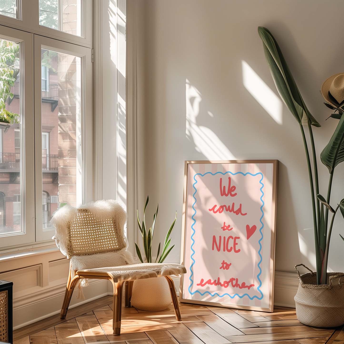 'We Could Be Nice To Each Other' Typography Art Print – Uplifting Pastel Wall Decor in Pink, Coral & Blue