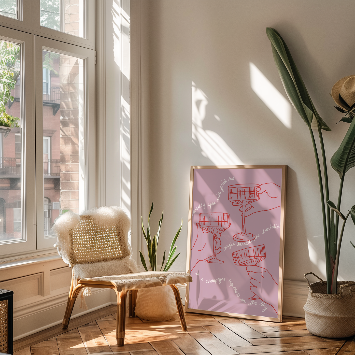 'Champagne Supernova' Art Print – Oasis Inspired Line Art Wall Decor in Pink & Red