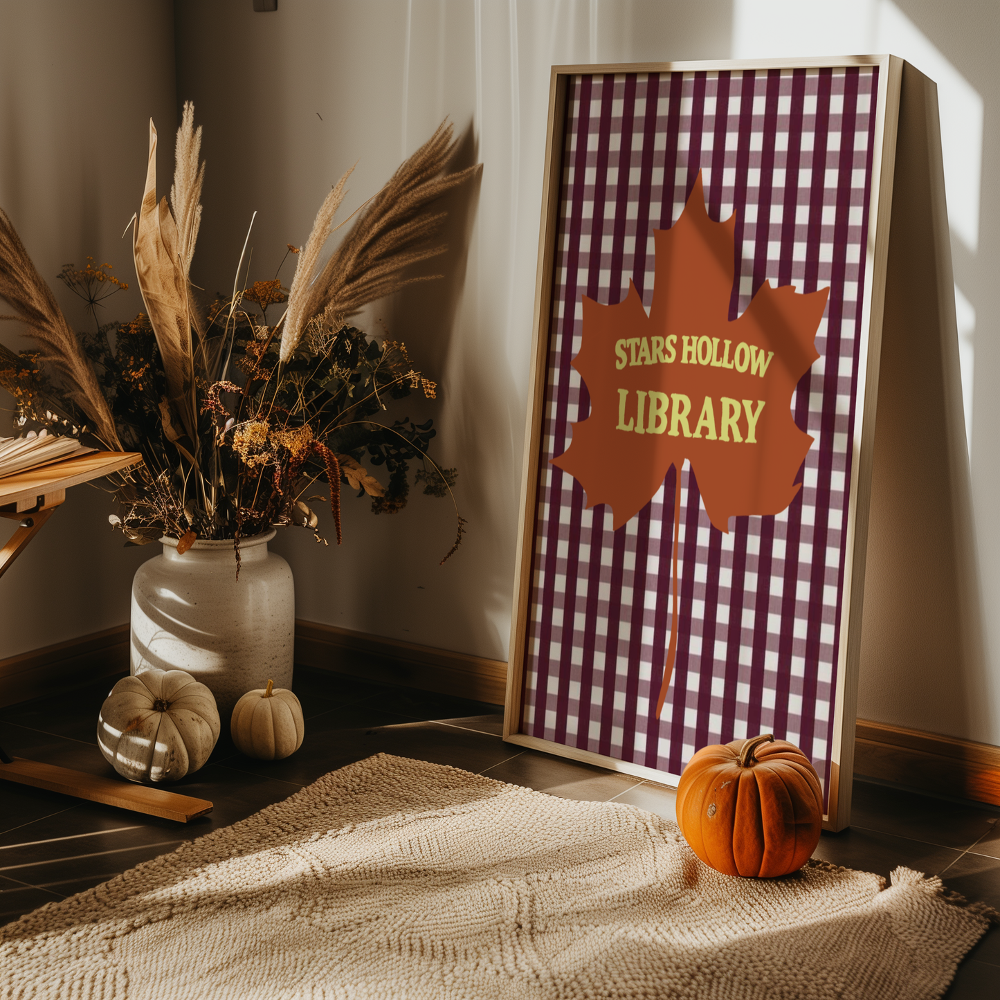 'Stars Hollow Library' Art Print – Illustrated Autumn Book Lover Wall Decor in Burgundy, Rust & Chartreuse