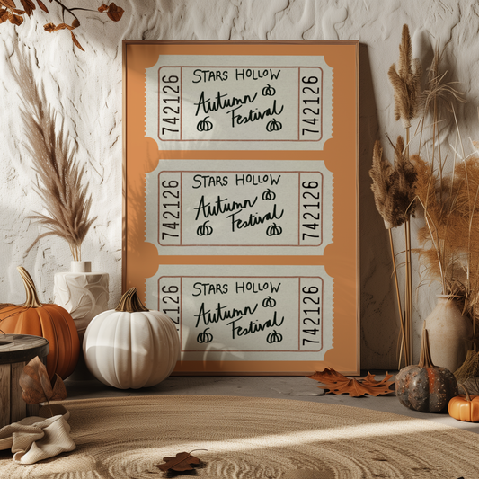 'Stars Hollow Autumn Festival' Ticket Art Print – Vintage Ticket Wall Decor in Pumpkin Orange & Cream