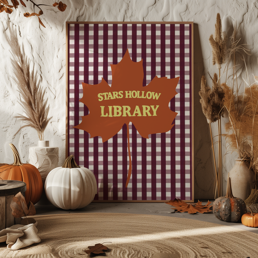 'Stars Hollow Library' Art Print – Illustrated Autumn Book Lover Wall Decor in Burgundy, Rust & Chartreuse