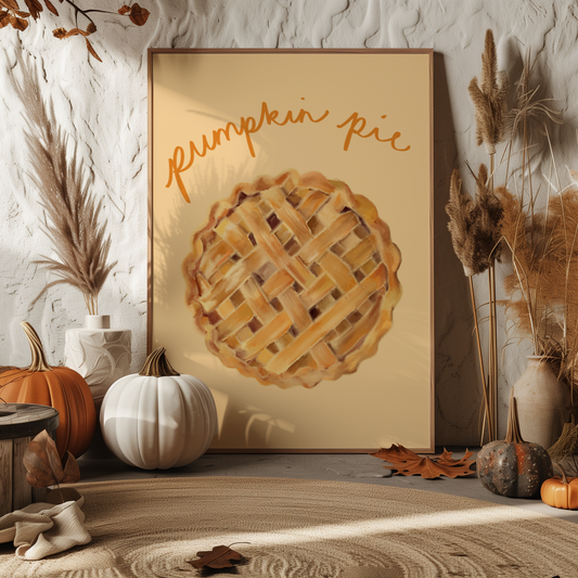 'Pumpkin Pie' Art Print Illustrated Kitchen Wall Decor in Warm Amber & Cream