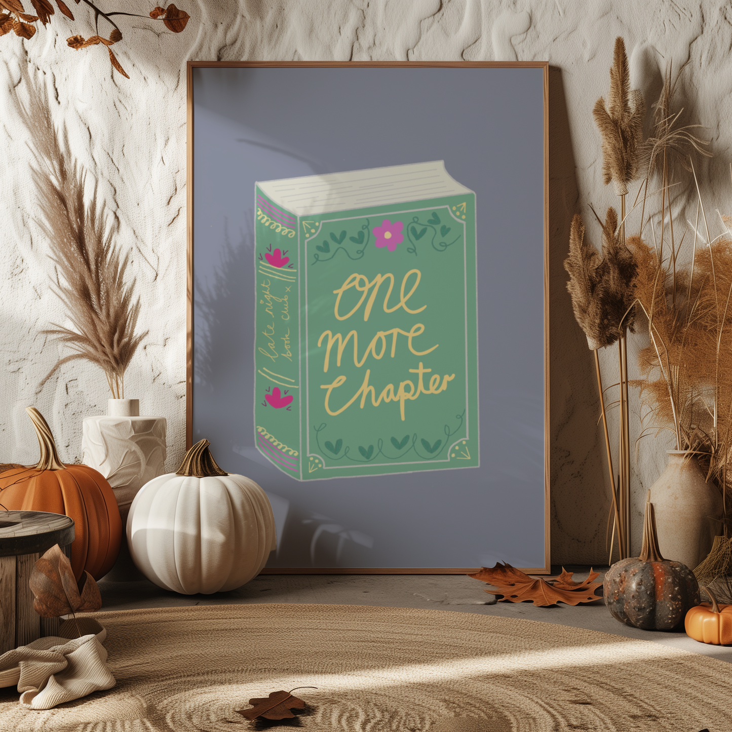 'One More Chapter' Art Print – Illustrated Book Lover Wall Decor in Sage Green & Lavender