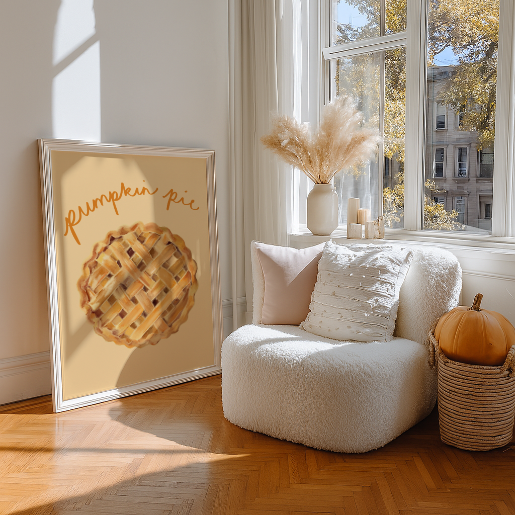 'Pumpkin Pie' Art Print Illustrated Kitchen Wall Decor in Warm Amber & Cream