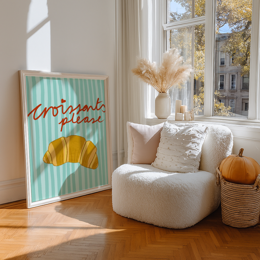 'Croissants Please' Art Print – Illustrated Kitchen Wall Decor in Mint Green & Golden Amber