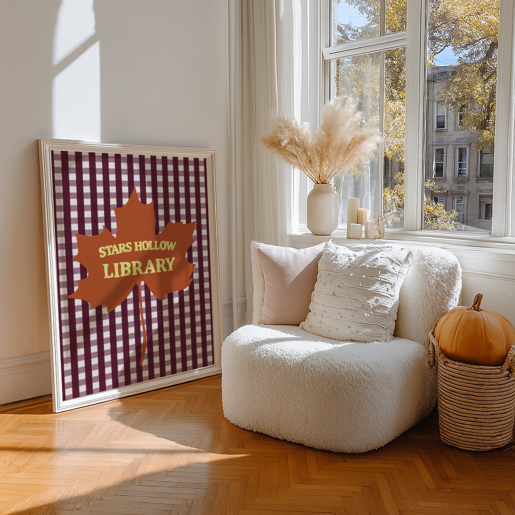 'Stars Hollow Library' Art Print – Illustrated Autumn Book Lover Wall Decor in Burgundy, Rust & Chartreuse
