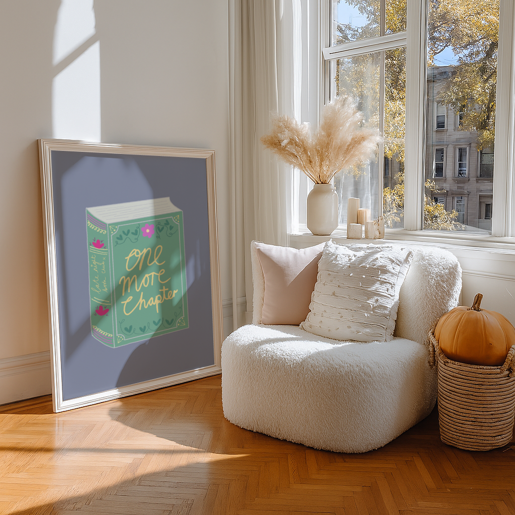 'One More Chapter' Art Print – Illustrated Book Lover Wall Decor in Sage Green & Lavender