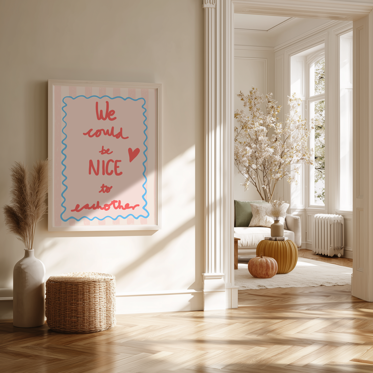 'We Could Be Nice To Each Other' Typography Art Print – Uplifting Pastel Wall Decor in Pink, Coral & Blue