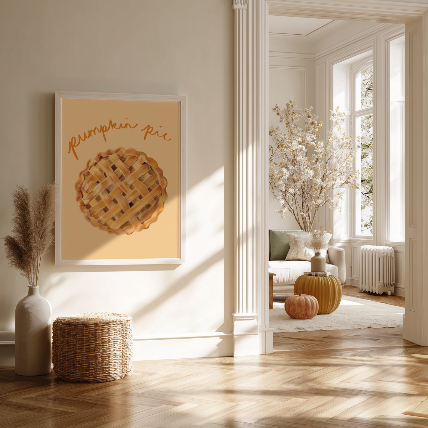 'Pumpkin Pie' Art Print Illustrated Kitchen Wall Decor in Warm Amber & Cream
