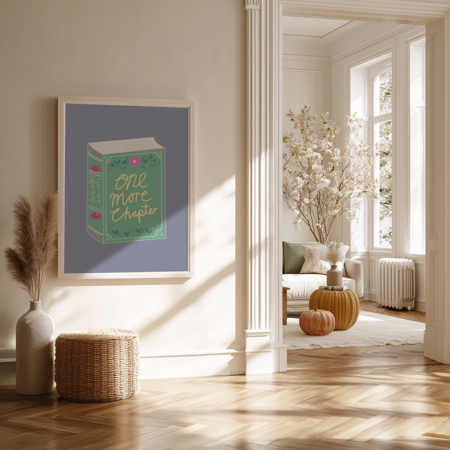 'One More Chapter' Art Print – Illustrated Book Lover Wall Decor in Sage Green & Lavender