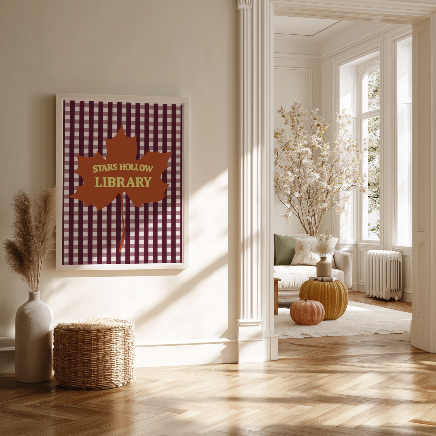 'Stars Hollow Library' Art Print – Illustrated Autumn Book Lover Wall Decor in Burgundy, Rust & Chartreuse