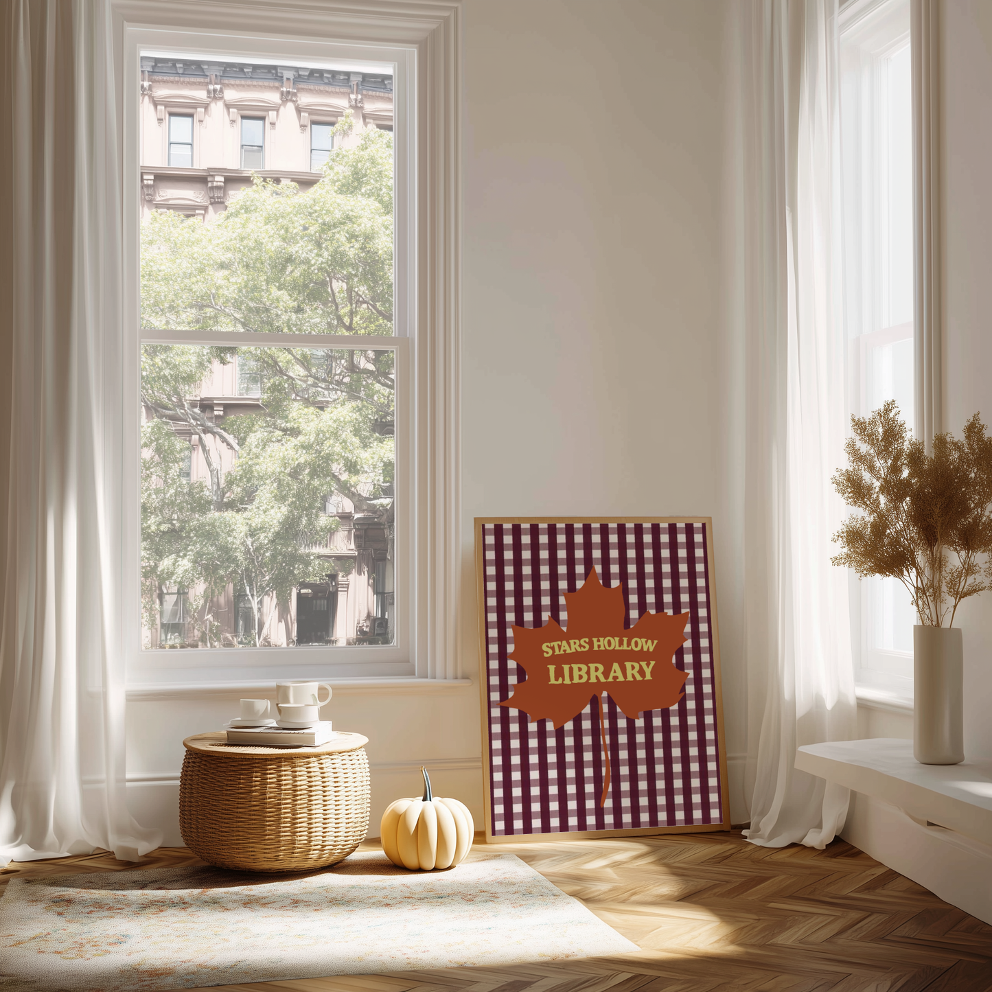 'Stars Hollow Library' Art Print – Illustrated Autumn Book Lover Wall Decor in Burgundy, Rust & Chartreuse