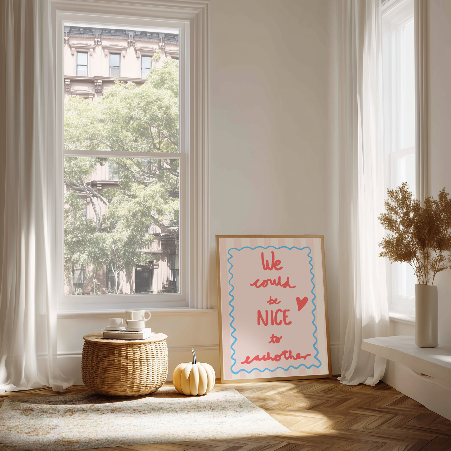 'We Could Be Nice To Each Other' Typography Art Print – Uplifting Pastel Wall Decor in Pink, Coral & Blue