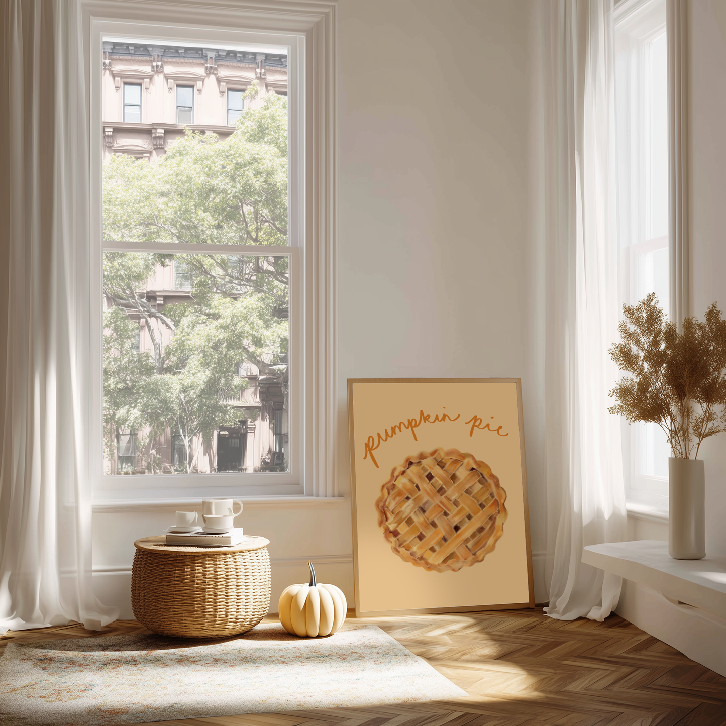 'Pumpkin Pie' Art Print Illustrated Kitchen Wall Decor in Warm Amber & Cream