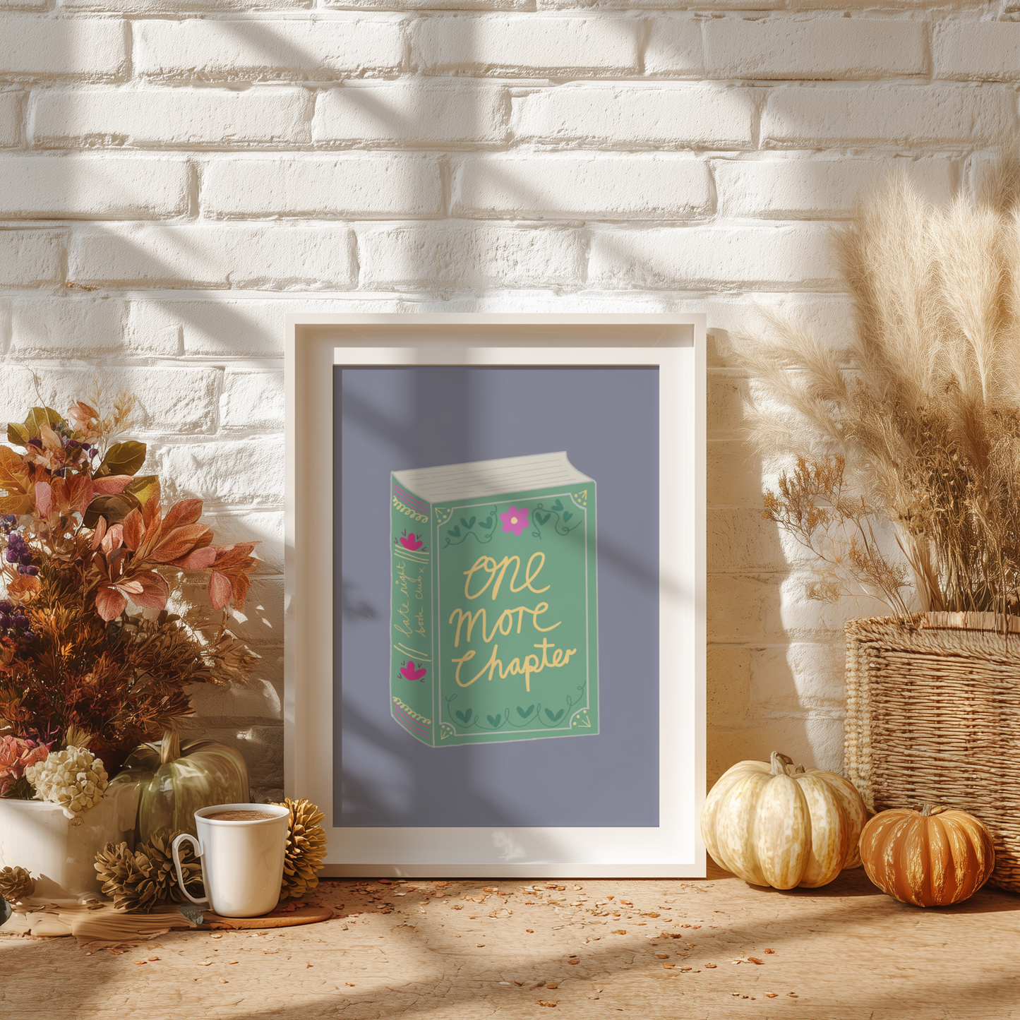 'One More Chapter' Art Print – Illustrated Book Lover Wall Decor in Sage Green & Lavender
