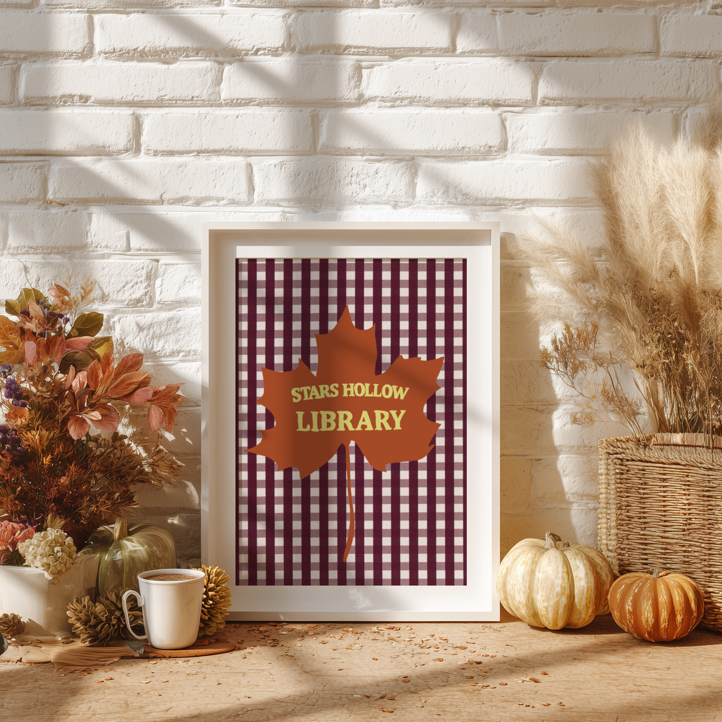 'Stars Hollow Library' Art Print – Illustrated Autumn Book Lover Wall Decor in Burgundy, Rust & Chartreuse