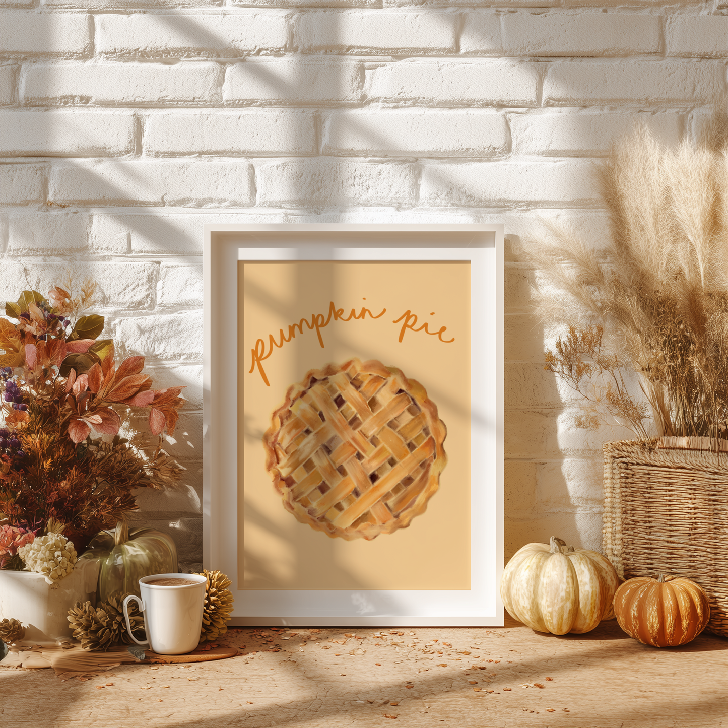 'Pumpkin Pie' Art Print Illustrated Kitchen Wall Decor in Warm Amber & Cream