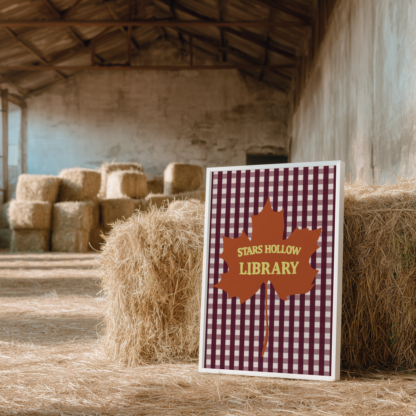 'Stars Hollow Library' Art Print – Illustrated Autumn Book Lover Wall Decor in Burgundy, Rust & Chartreuse