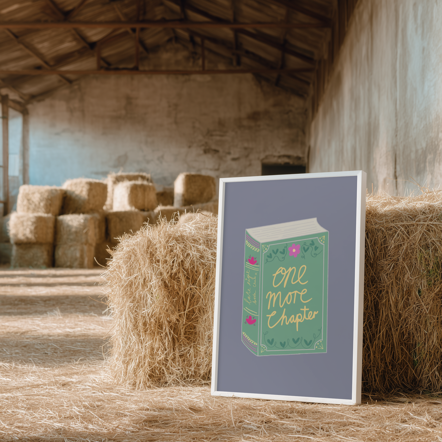 'One More Chapter' Art Print – Illustrated Book Lover Wall Decor in Sage Green & Lavender