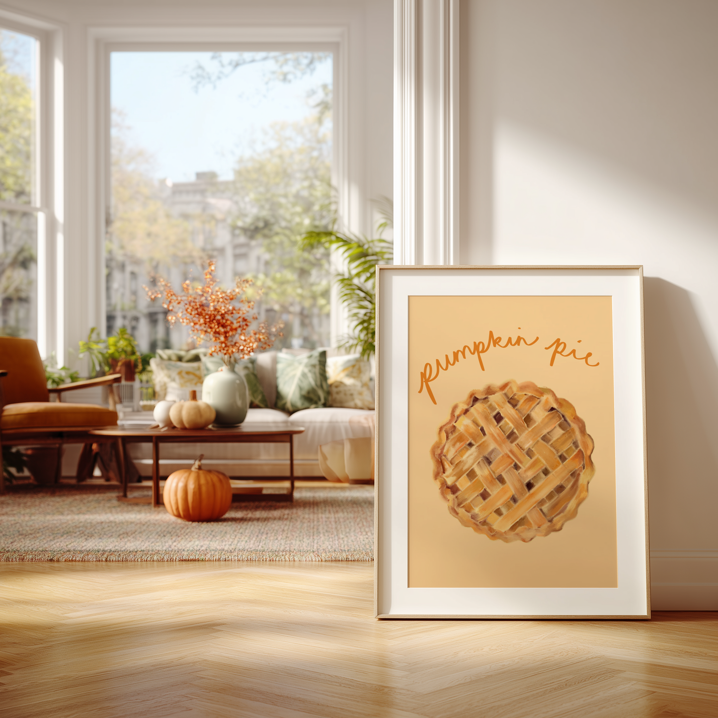 'Pumpkin Pie' Art Print Illustrated Kitchen Wall Decor in Warm Amber & Cream
